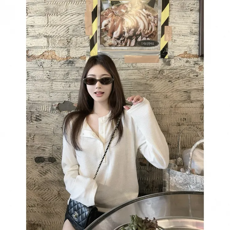 【校校专属】【亨利衫】舒适风华夫格宽松慵懒长袖T恤上衣女纯色卫衣显瘦秋季