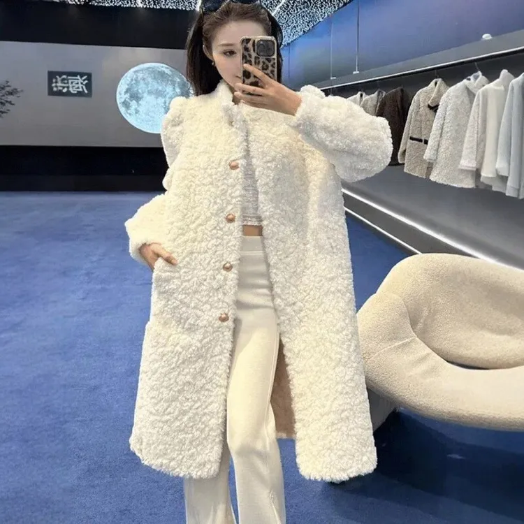 厚款秋冬女纯色长款立领毛呢外套百搭时尚