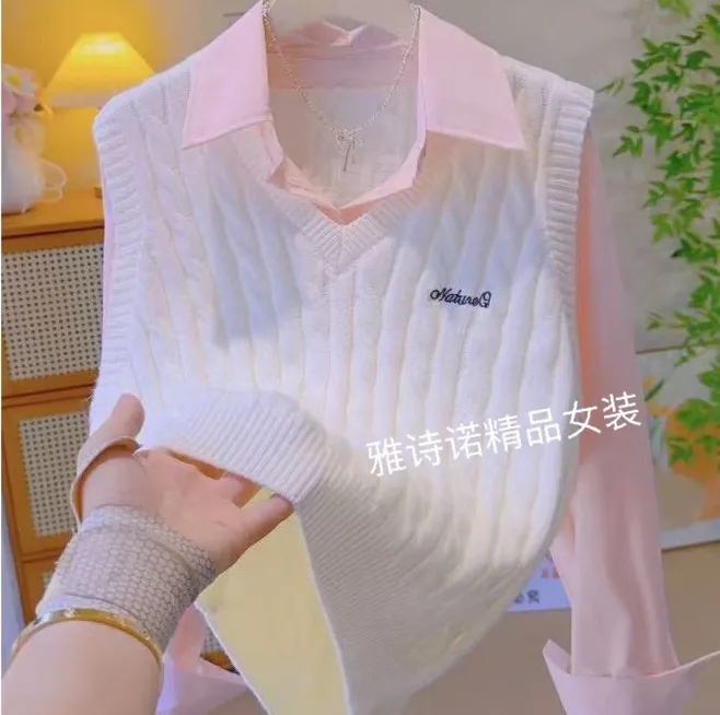 针织拼接衬衫假两件毛衣女秋季短款学院风麻花马甲软糯百搭上衣女