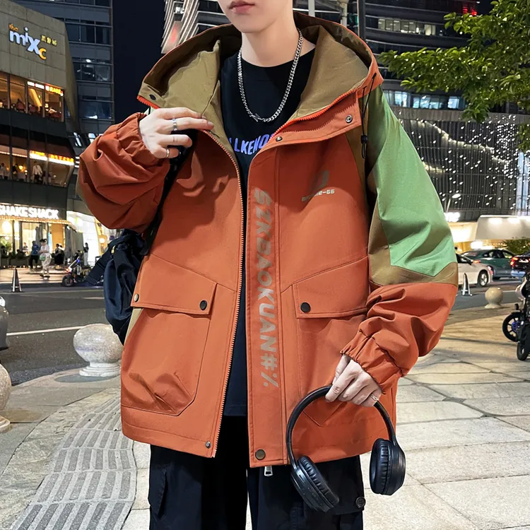 春秋季连帽男夹克套装连帽冲锋衣潮流韩版青少年帅气休闲宽松外套