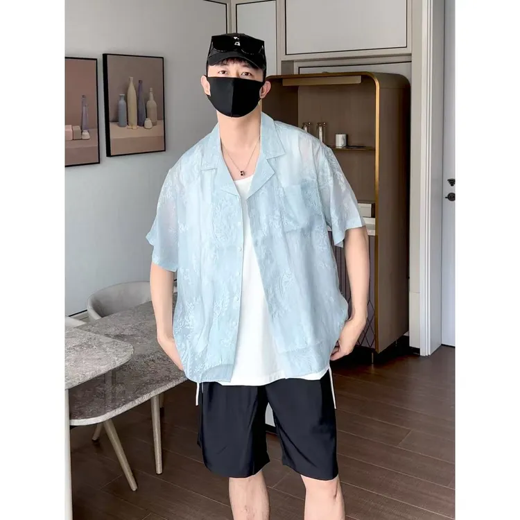 大圣圣 夏季度假风时髦慵懒古巴领印花休闲短袖衬衫男TOP P367