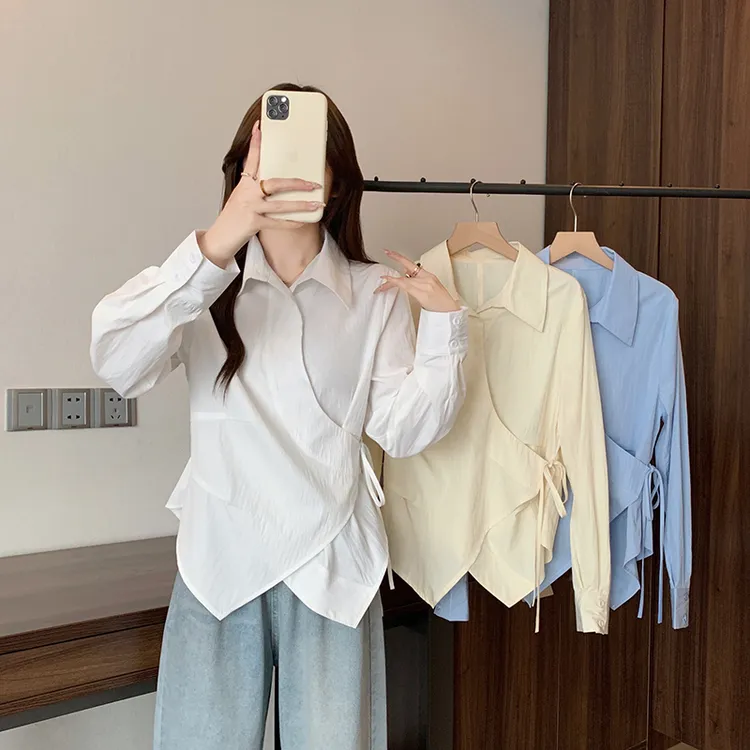 2025秋装新款胖mm大码女韩版别致绑带不规则收腰衬衫上衣 21144