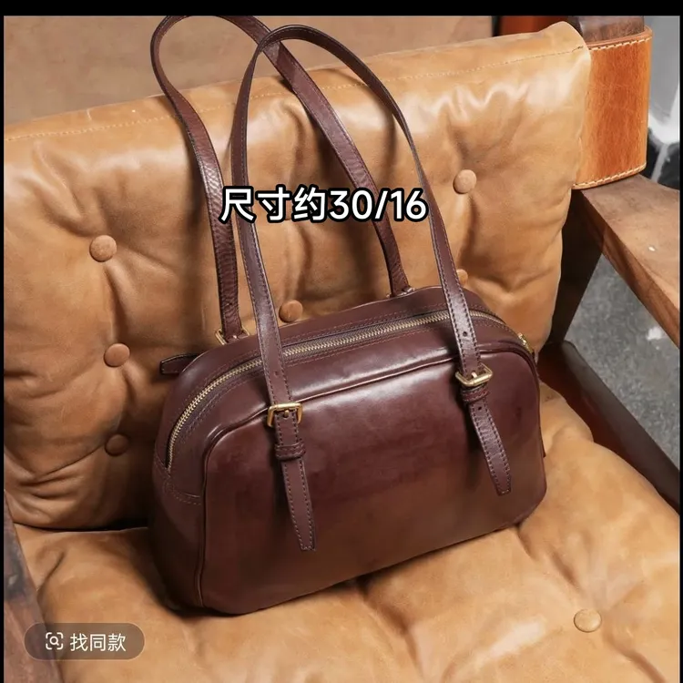 制道手工马皮优雅通勤保龄球包腋下单肩挎包洗水旧化质感