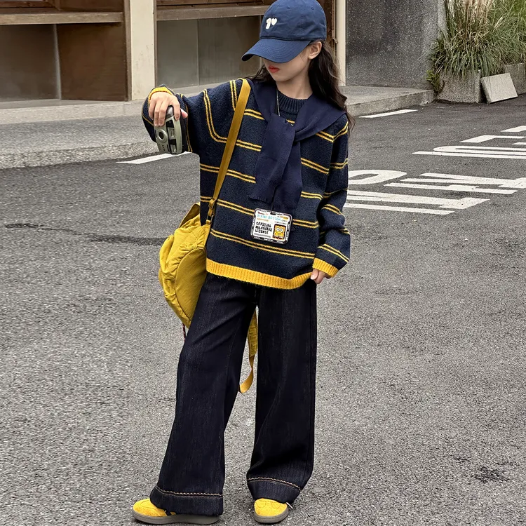 女童秋季针织衫条纹上衣套装中大童秋冬时尚披肩毛衣加绒牛仔裤