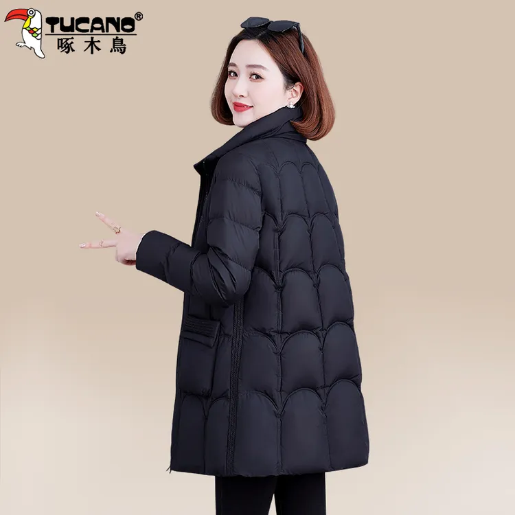 啄木鸟中长款羽绒服女2025新款冬季加厚小个子妈妈冬装白鸭绒外套