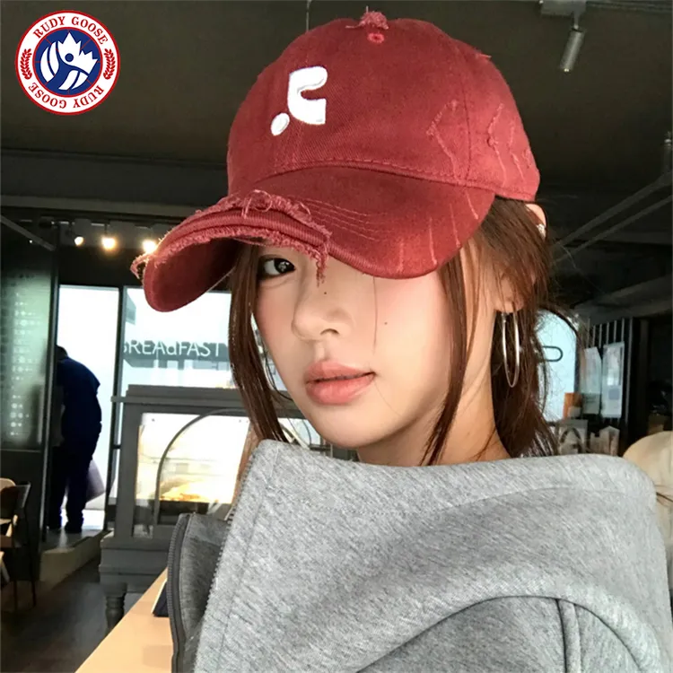 RUDY GOOSE韩系休闲做旧破洞刺绣鸭舌帽女夏季情侣款显脸小棒球帽