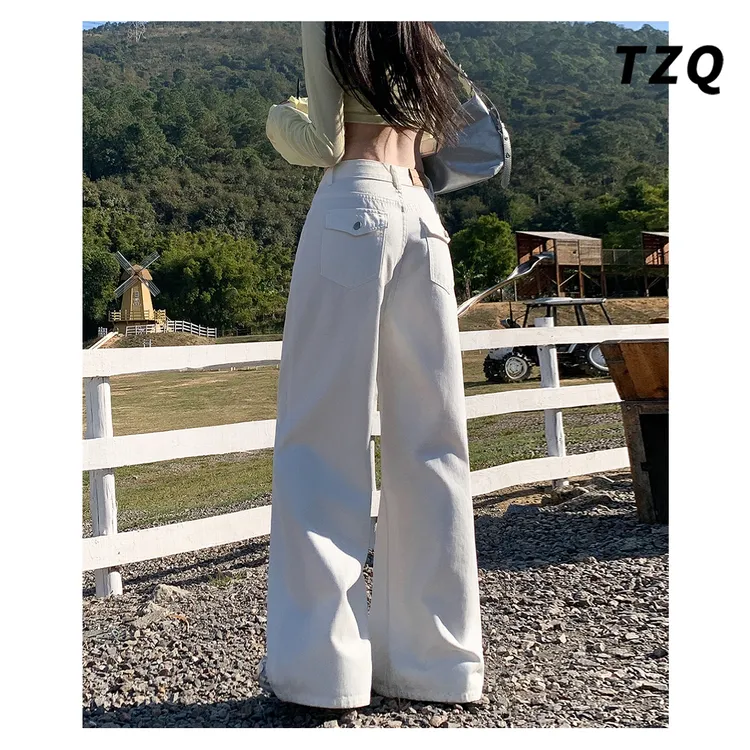 白色高腰牛仔裤女春秋季新款美式设计感小众阔腿拖地裤TZQ2580616