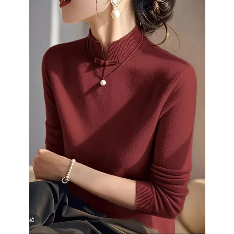 高级感2025新款设计感小众时尚气质春季国风红色内搭针织衫上衣