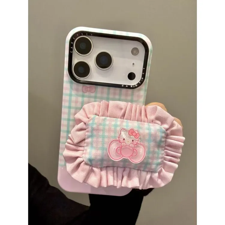 韩系ins粉白格纹猫咪枕头磁吸适用iphone17promax苹果15手机壳14p
