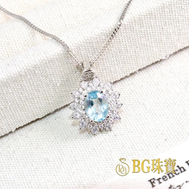 G302-S925银-天然海蓝宝吊坠-太阳花款-6mm*8mm