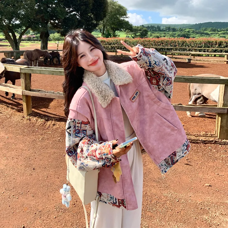 复古印花拼接派克服2025冬季新款韩系ins甜酷风加绒加厚棉服外套