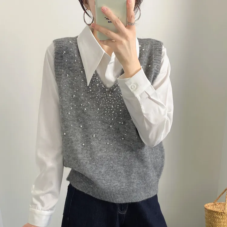 满天星韩系灰色钉珠复古毛衣马甲2025早秋新款时尚洋气百搭显瘦款