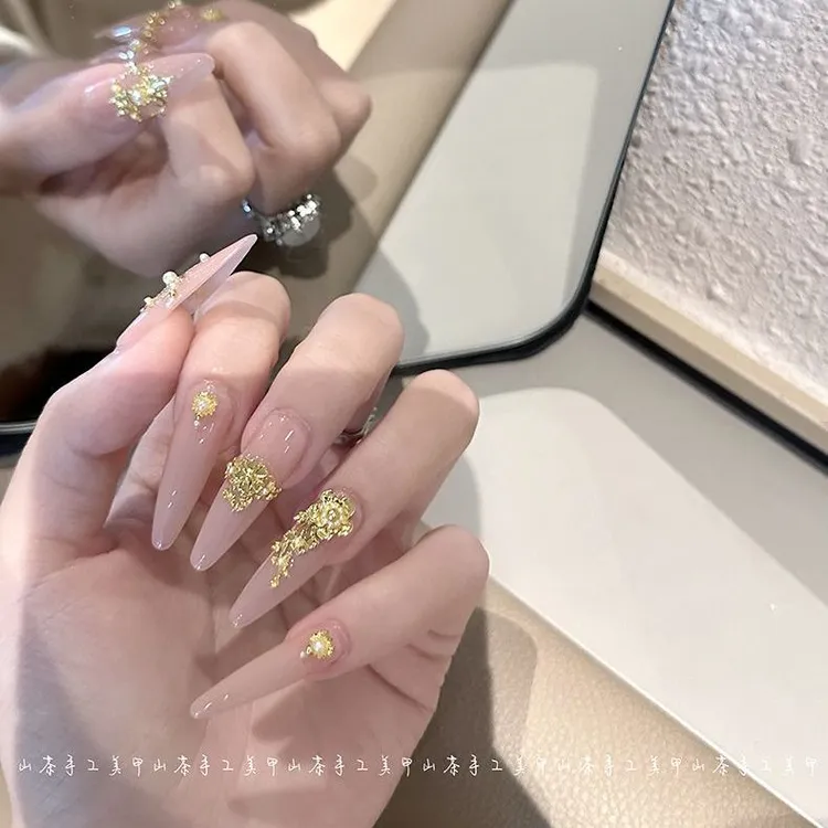山茶家【花丝如意】宫廷风纯手工定制穿戴甲高级金色美甲显白贵气