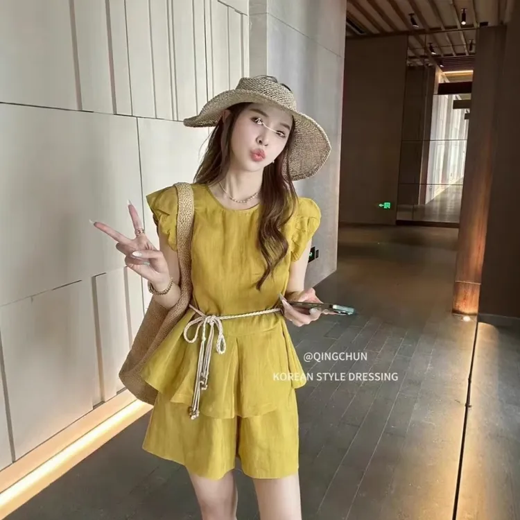 通勤风时尚套装套装短裤上衣夏装上衣女装宽松荷叶边百搭显瘦气质