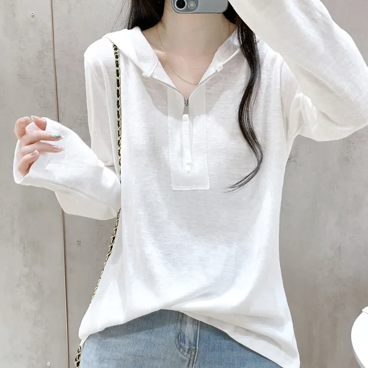 白色半开领连帽长袖T恤早秋女装2025新款正肩宽松洋气设计感上衣