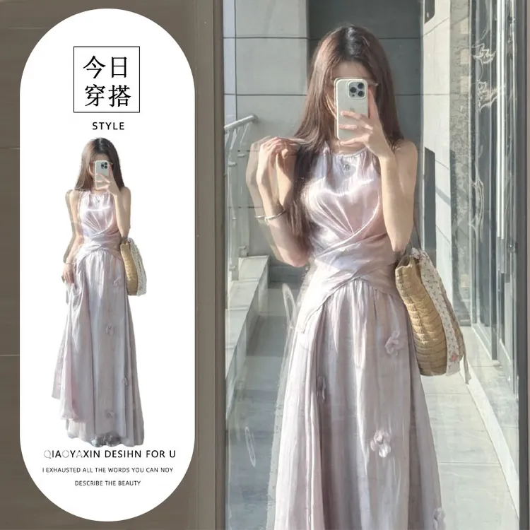 轻熟风掐腰紫色衬衫立体花朵半身裙气质套装女开春小众穿搭背心夏