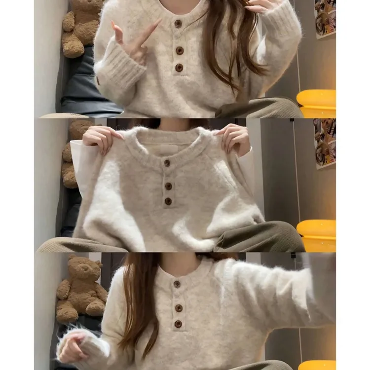 韩版慵懒风圆领短款毛衣开衫春秋款设计感纽扣小众气质针织衫外穿