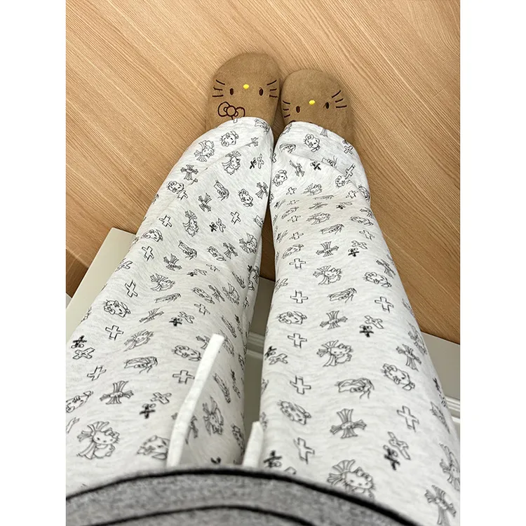 可爱卡通邪恶kitty垂感糯米裤女秋季韩版休闲松紧高腰直筒拖地裤