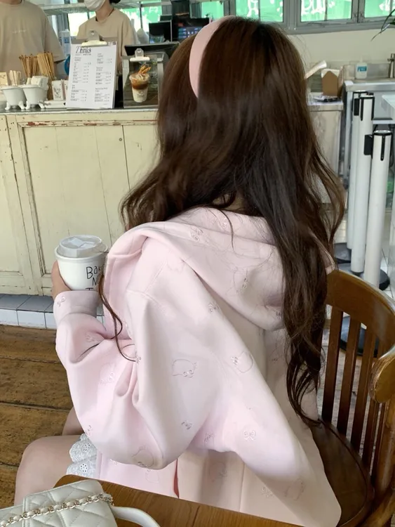 粉色甜美少女拉链连帽卫衣外套女早秋设计感小众重工猫咪刺绣开衫