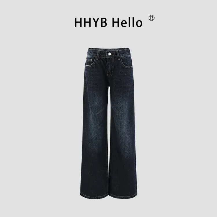 HHYB Hello低腰水洗牛仔裤2025新款宽松显瘦阔腿直筒长裤Q254305