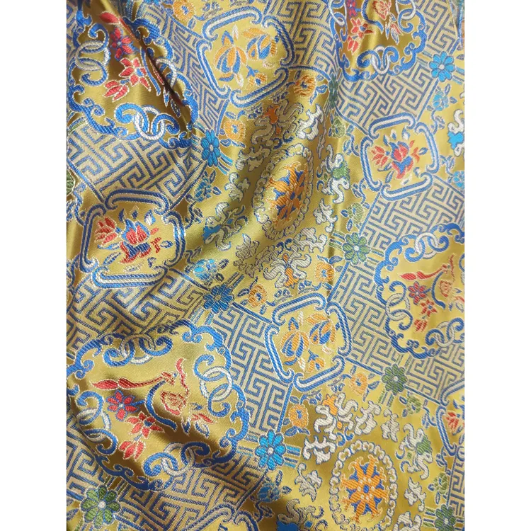 金黄大红万事如意花75公分幅宽织锦缎民族风提花服装面料布料国风