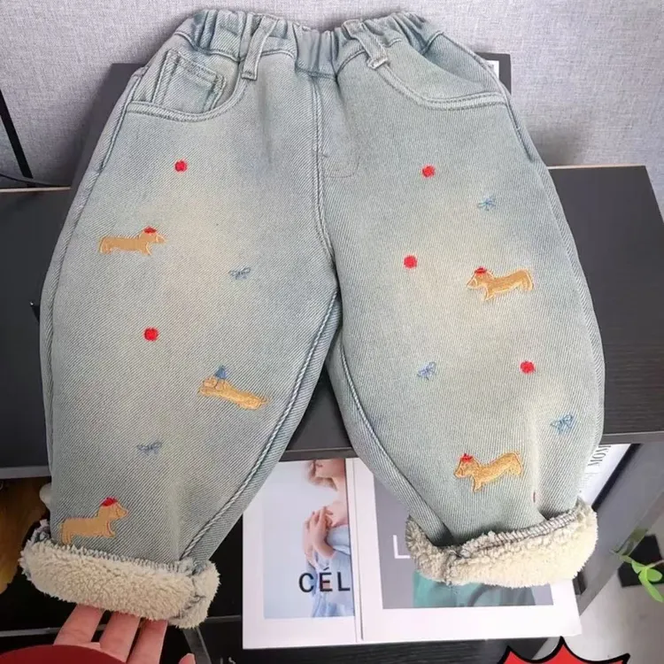 儿童加绒裤子2024冬装新款宝宝加厚一体绒儿童冬季羔羔绒牛仔裤潮