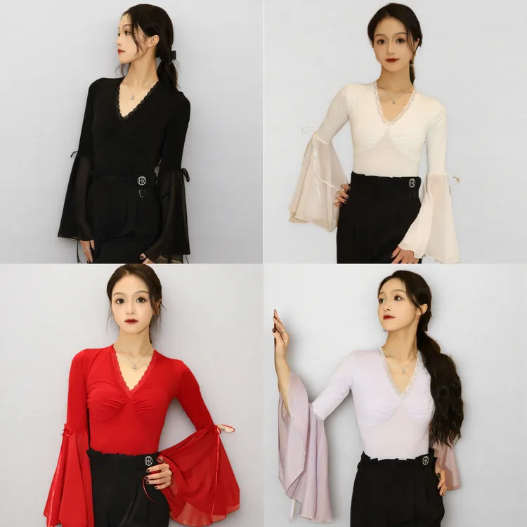 Fairy摩登舞服摩登舞上衣红黑紫白丝带飘袖长袖上衣显瘦训练表演