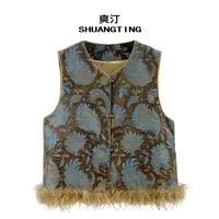 Jokara/丘可儿【海蓝绣】中式国风重工圆领设计感下摆拼接毛毛马甲