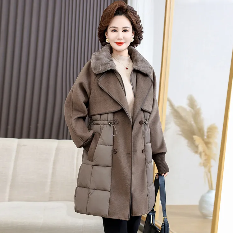 妈妈冬装棉服外套中长款2025新款加厚冬季毛呢拼接棉衣女洋气棉袄