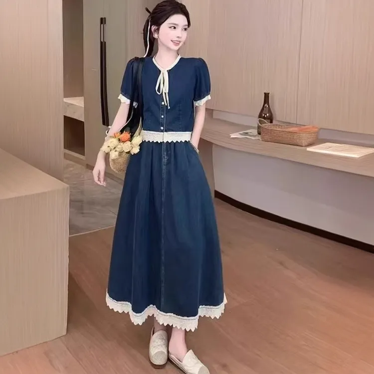 2025夏季新款韩版时尚气质显瘦百搭蕾丝拼接牛仔上衣半身裙两件套