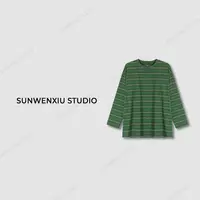 swx studio3店 “高智少女"100%全棉miu系复古大版绿色条纹T恤