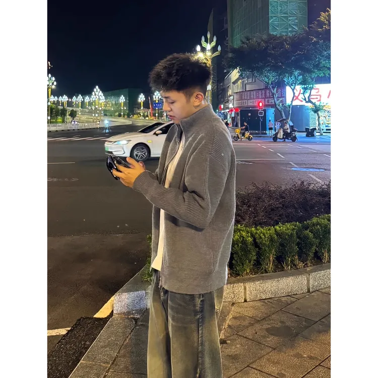 cleanfit灰色拉链毛衣开衫外套男秋冬慵懒高级感美式立领针织夹克