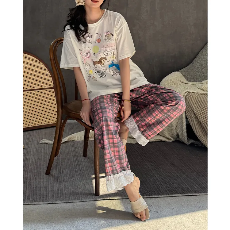 新款睡衣女春夏季纯棉短袖长裤家居服薄款日系甜美休闲可外穿套装
