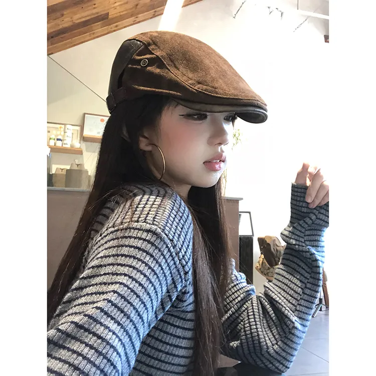 美式复古麂皮绒前进帽女秋冬老钱风百搭反戴贝雷帽显脸小画家帽子
