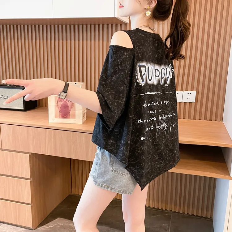 复古港风时尚扎染露肩短袖T恤女夏季韩版宽松设计感显瘦半袖上衣