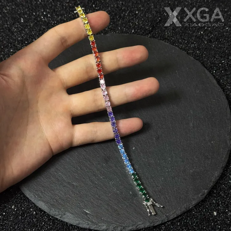 铜合金合成锆石手链 彩色渐变满钻网球链手链时尚百搭轻奢男女款
