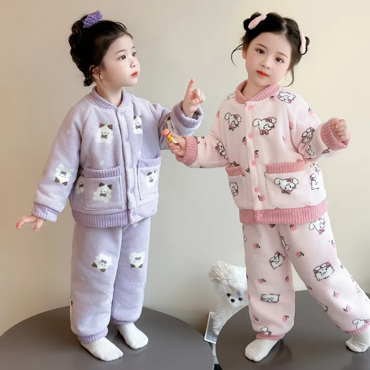 女童珊瑚绒睡衣冬季新款儿童三层加绒加厚保暖衣套装小女孩两件套