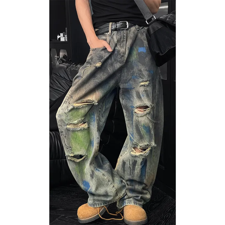 龙叨叨新品美式涂鸦破洞牛仔裤男宽松直筒潮牌小众设计感个性长裤