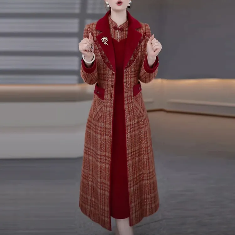 磨毛精纺红色加厚套装裙2025秋冬季新款显瘦中长款两件套连衣裙子