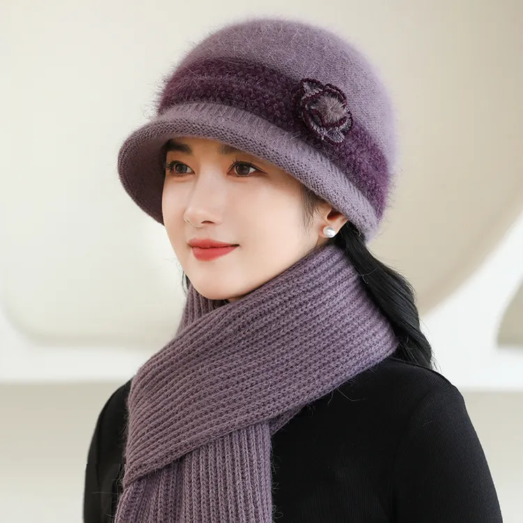 老人帽子围巾女士加绒兔毛盆帽妈妈冬装保暖针织帽中老年人毛线帽