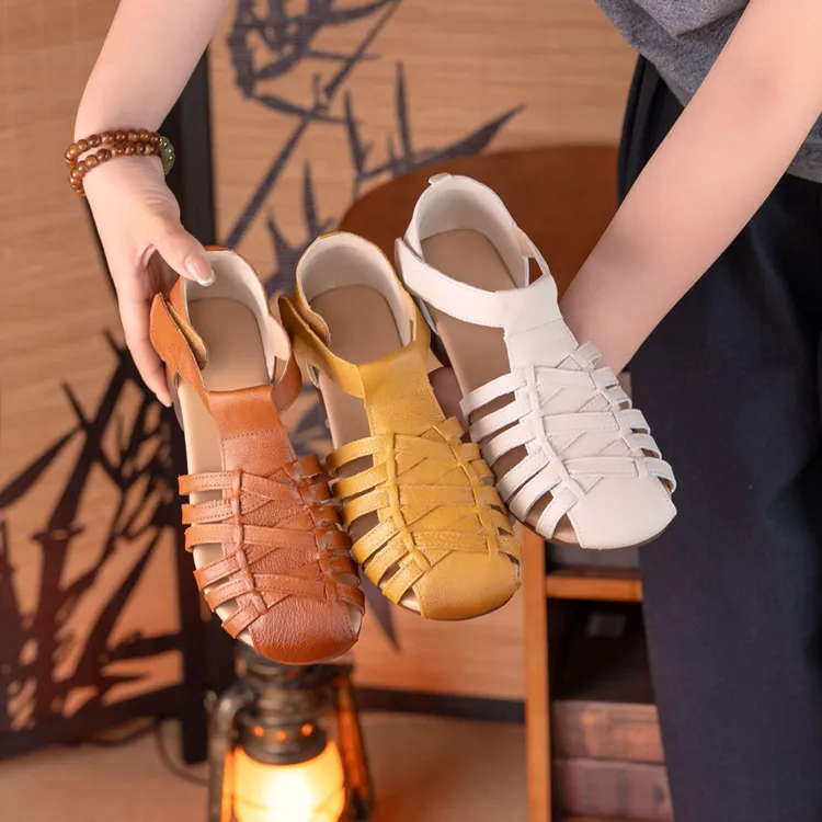 新款夏季真皮休闲百搭透气时尚女凉鞋镂空包头软底罗马凉鞋 1278