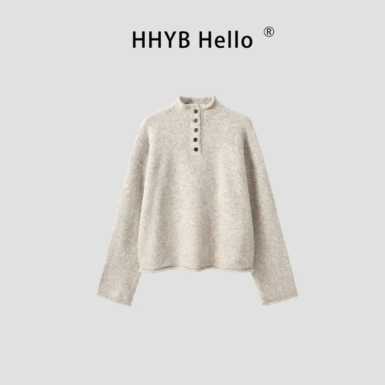 HHYB Hello设计感落肩宽松卷边上衣2025秋冬亨利纽扣毛衣女M1231