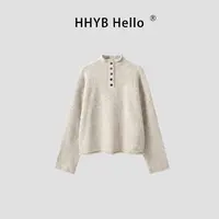 HHYB Hello设计感落肩宽松卷边上衣2025秋冬亨利纽扣毛衣女M1231