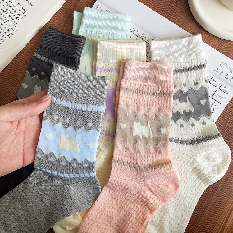 袜子女士2025新款夏季薄款白色费尔岛棉袜韩国中筒袜网眼无骨长袜