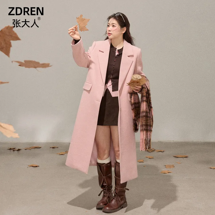 张大人【假日印象】大码女装微胖妹妹韩系甜酷感粉色毛呢西装大衣