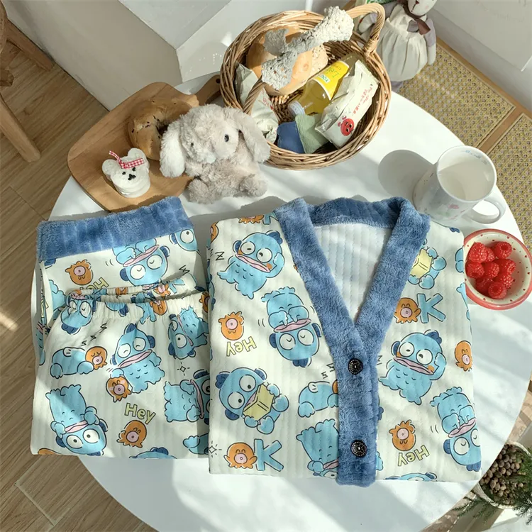特大码300斤女冬季保暖夹层棉睡衣青少年宽松开衫长裤家居服套装