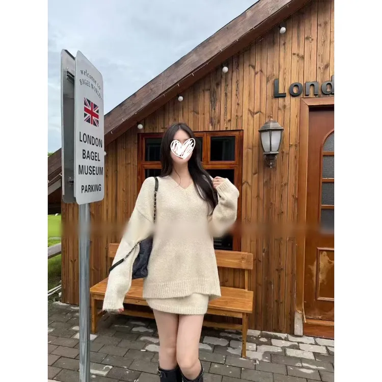 宽松长袖毛衣+半身裙短裙两件套针织裙子套装慵懒休闲穿搭秋00983