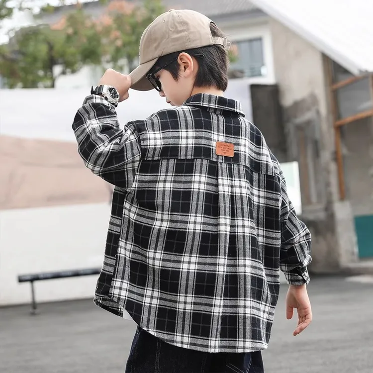 经典童装男童长袖衬衫格子衬衣2025款春装新款中大童爆款四色格子