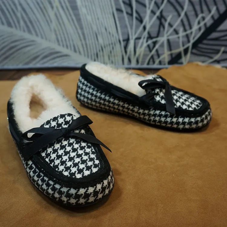 豆豆鞋 编织蝴蝶结秋冬平跟保暖女乐福鞋 新款时尚女毛毛鞋7-14A