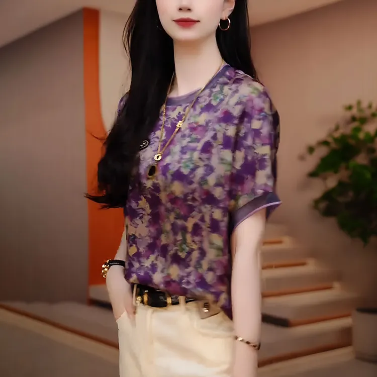 网纱印花短袖t恤女士2025夏季时尚减龄宽松遮肚显瘦别致雪纺上衣